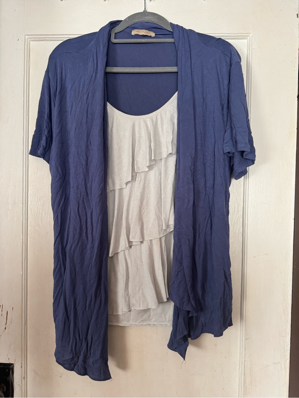 Ruffle Tank with Short Sleeve Draped Cardigan - Blue and Cream